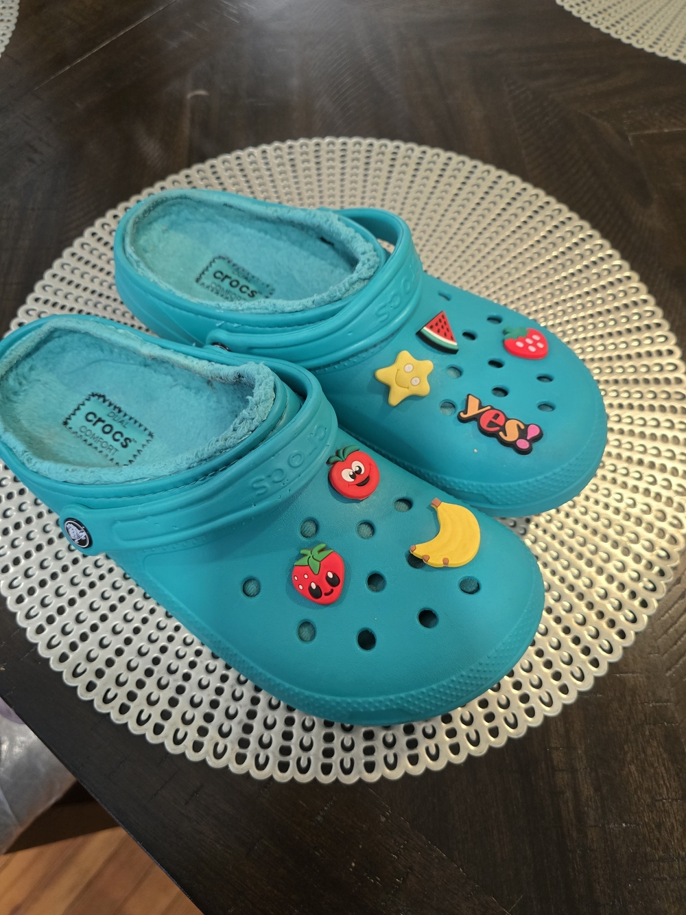 CROCS Teal Fuzzy-Lined Clog Sandals with Fruit Charms